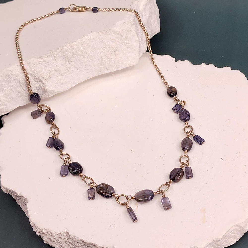 Purple Amethyst-Color Stone Bead Necklace 925 Sterling Silver Clasp Boho Dangles
